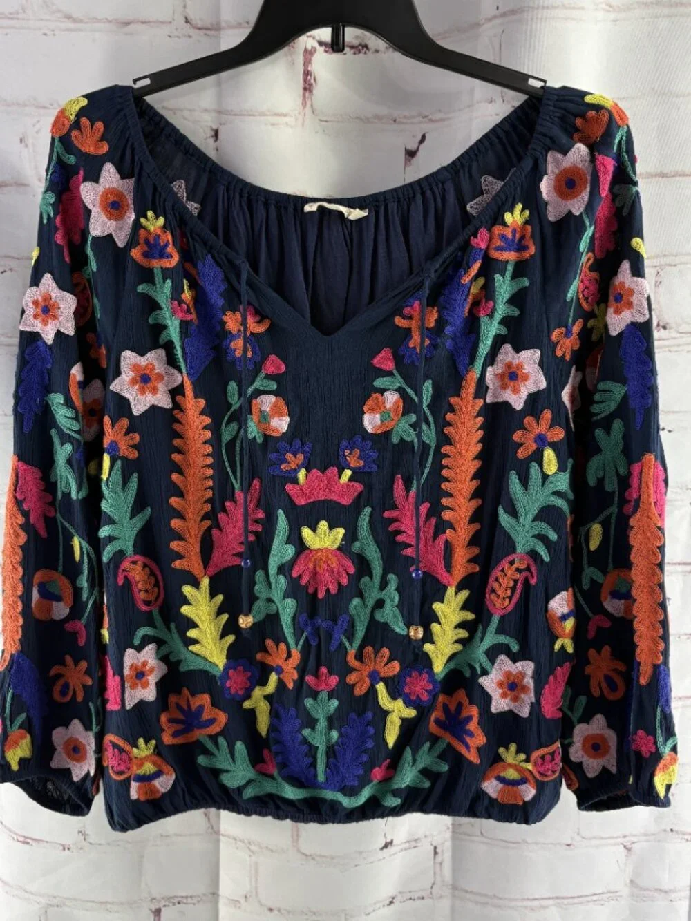 Soft Surroundings Banjara Navy Embroidered Floral Peasant Top XL - Picture 1 of 5